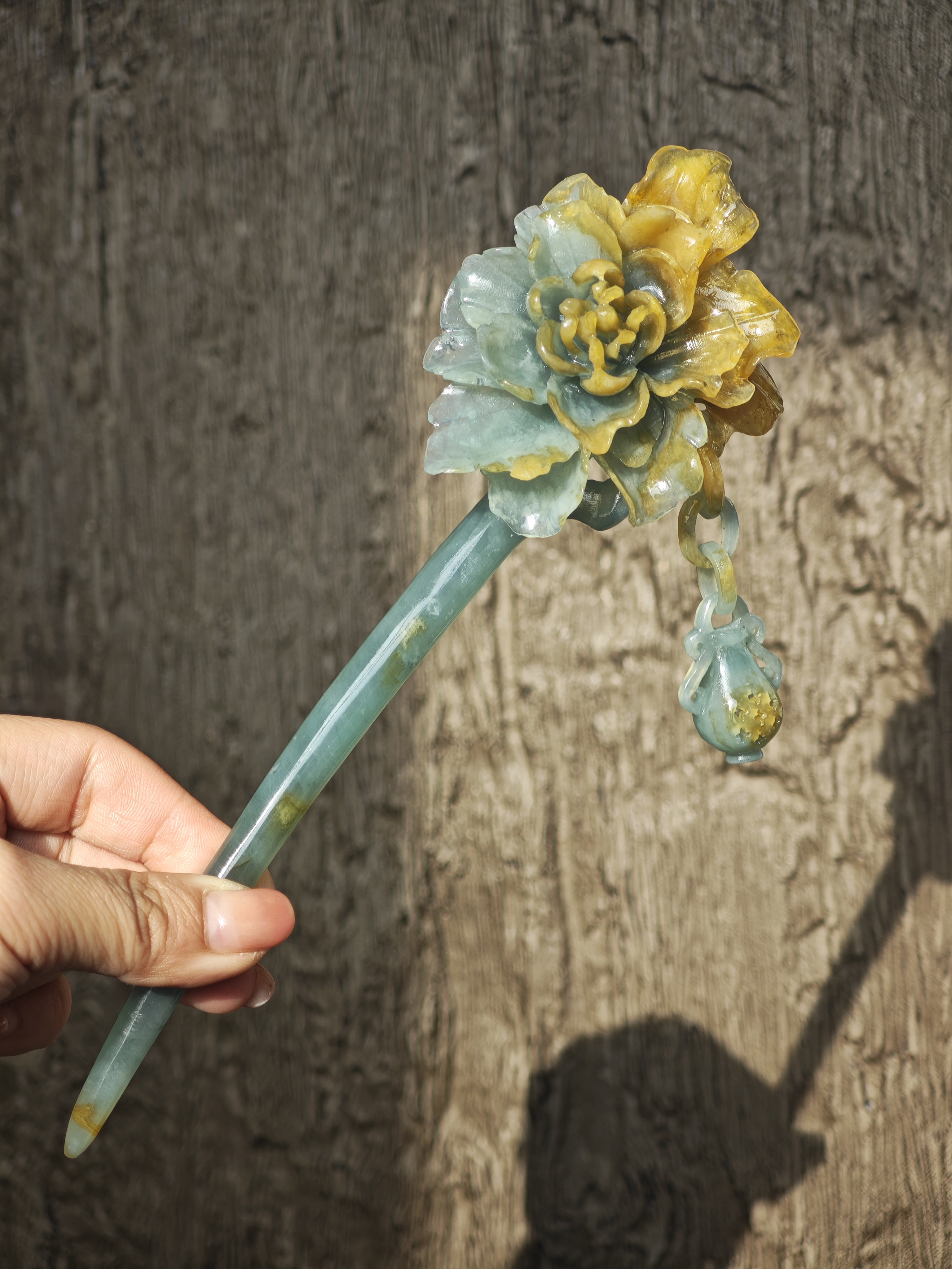 Golden-Emerald Peony Jade Hairpin