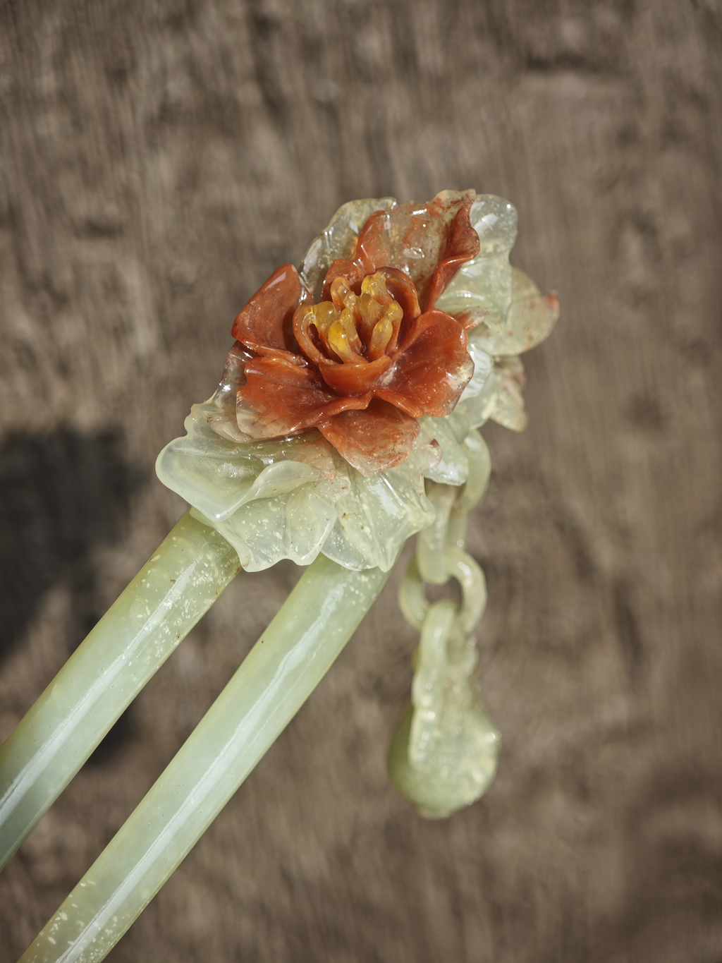 Crimson Peony Dew Jade Hairpin