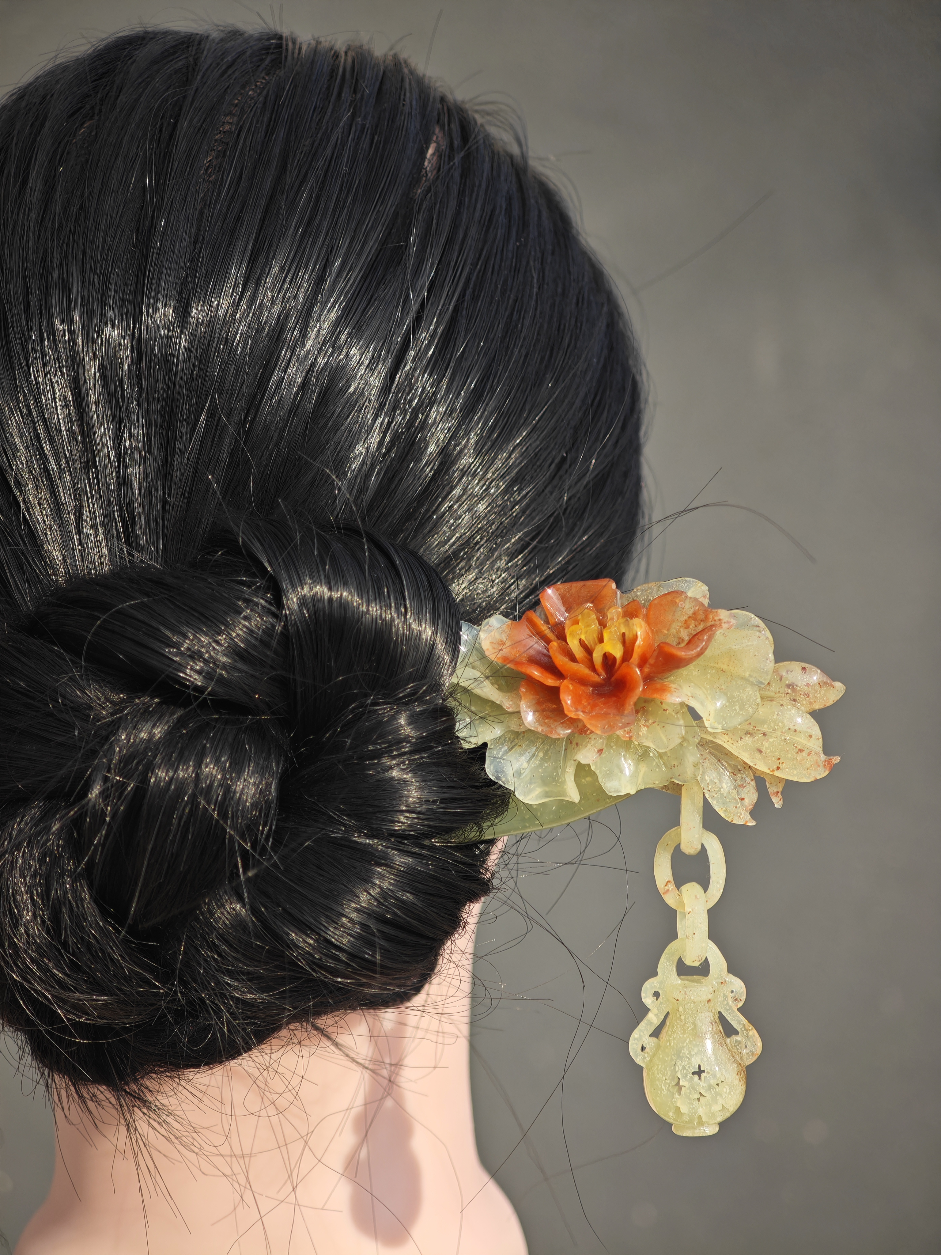 Crimson Peony Dew Jade Hairpin