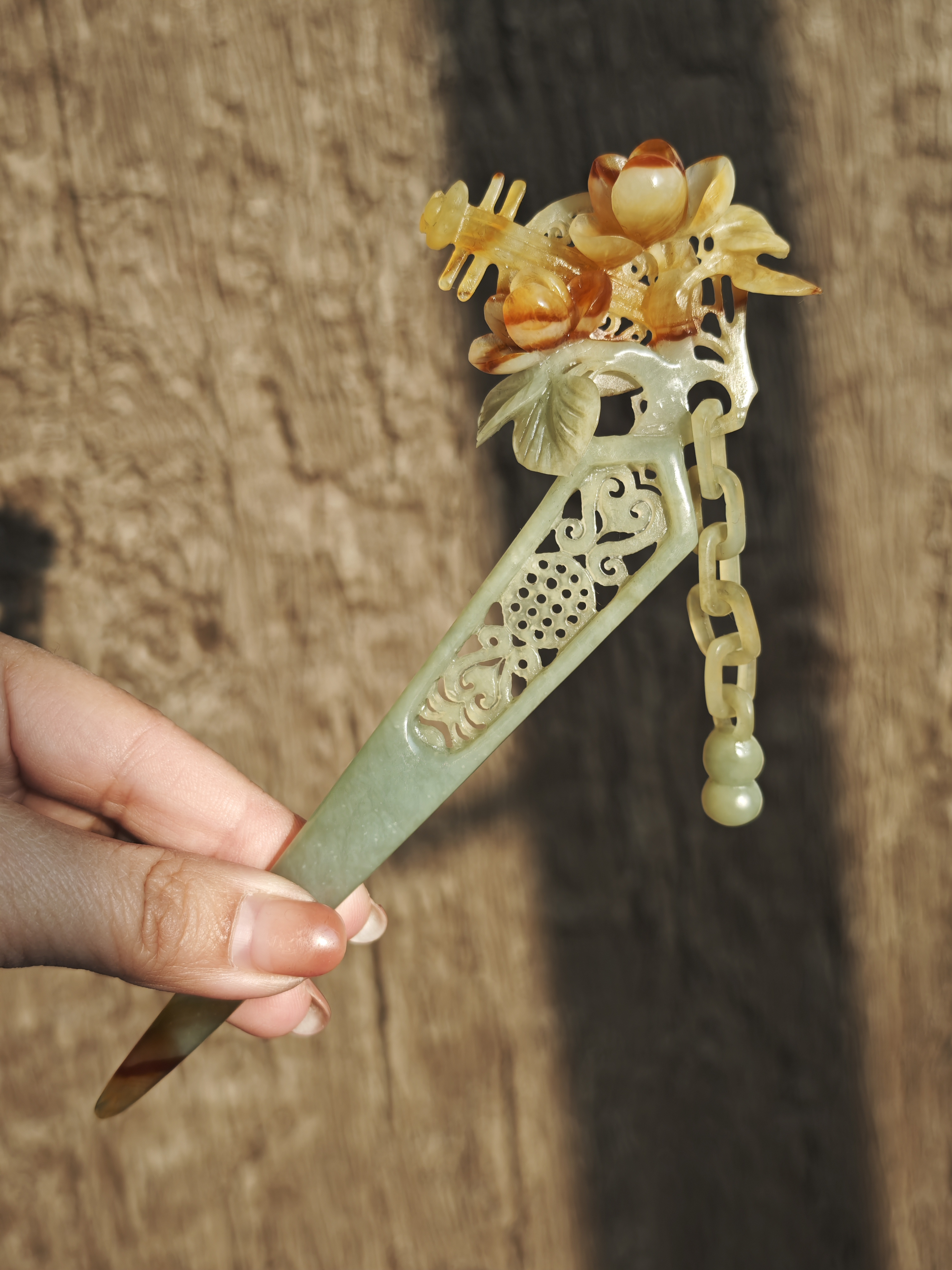 Lute & Blossom Carved Jade Hairpin