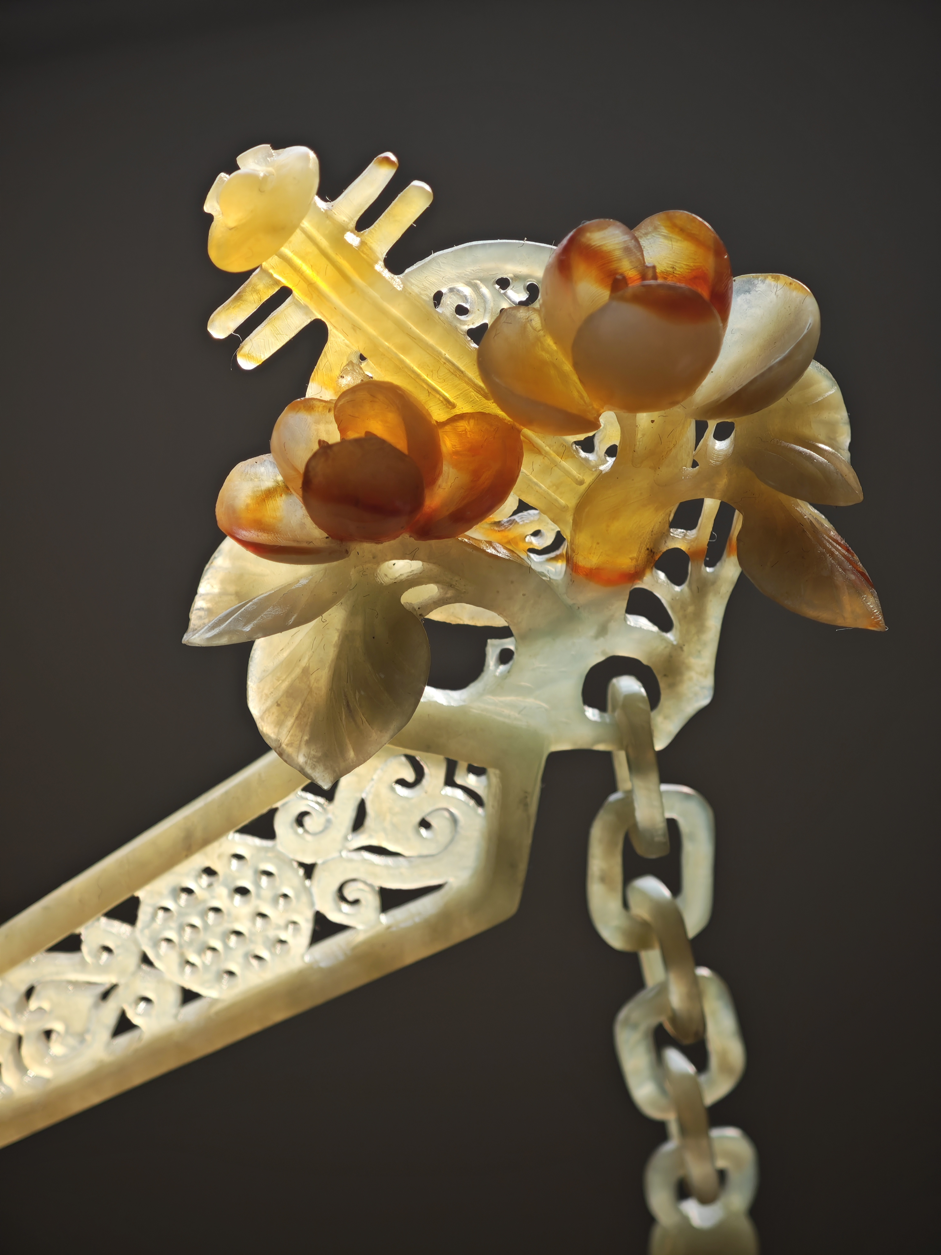 Lute & Blossom Carved Jade Hairpin