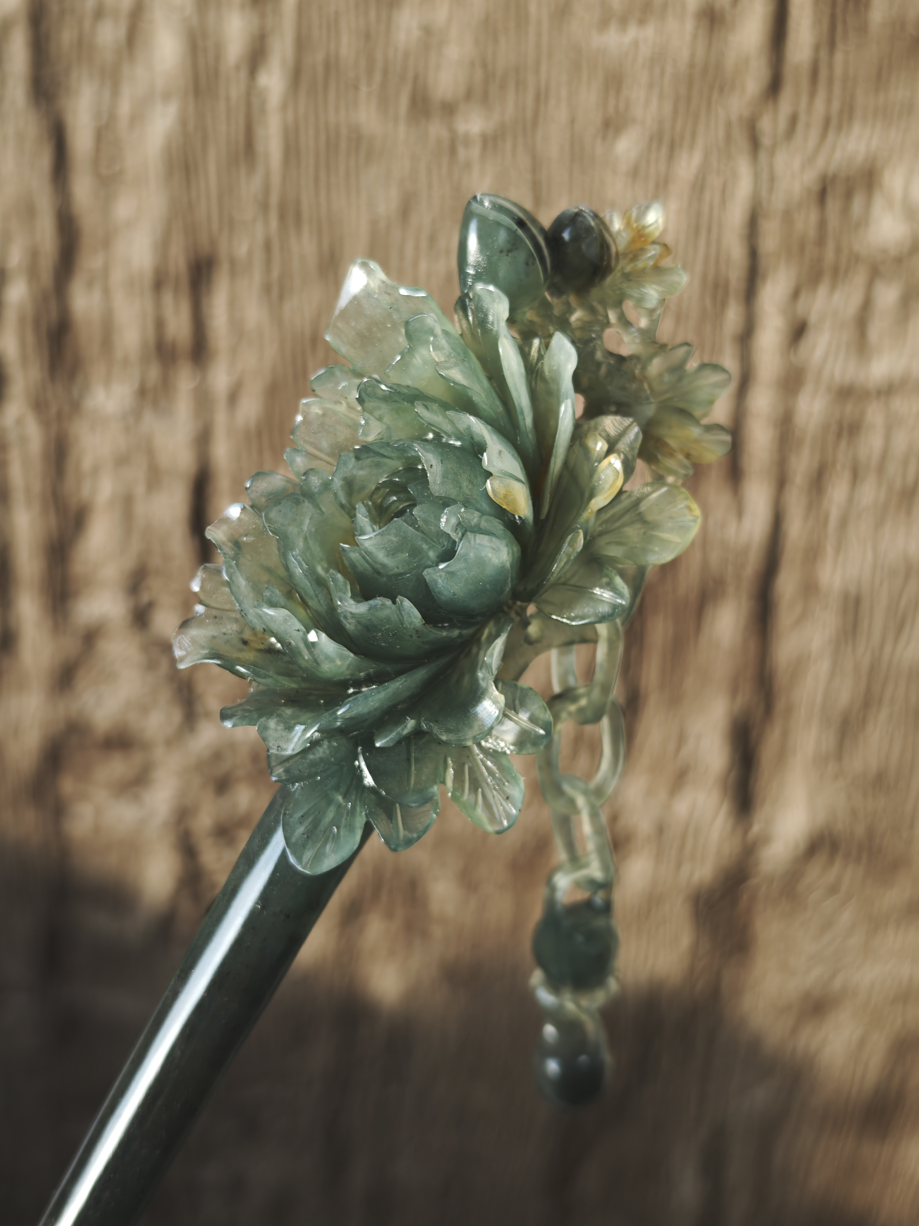 Dark Verdant Peony Jade Hairpin