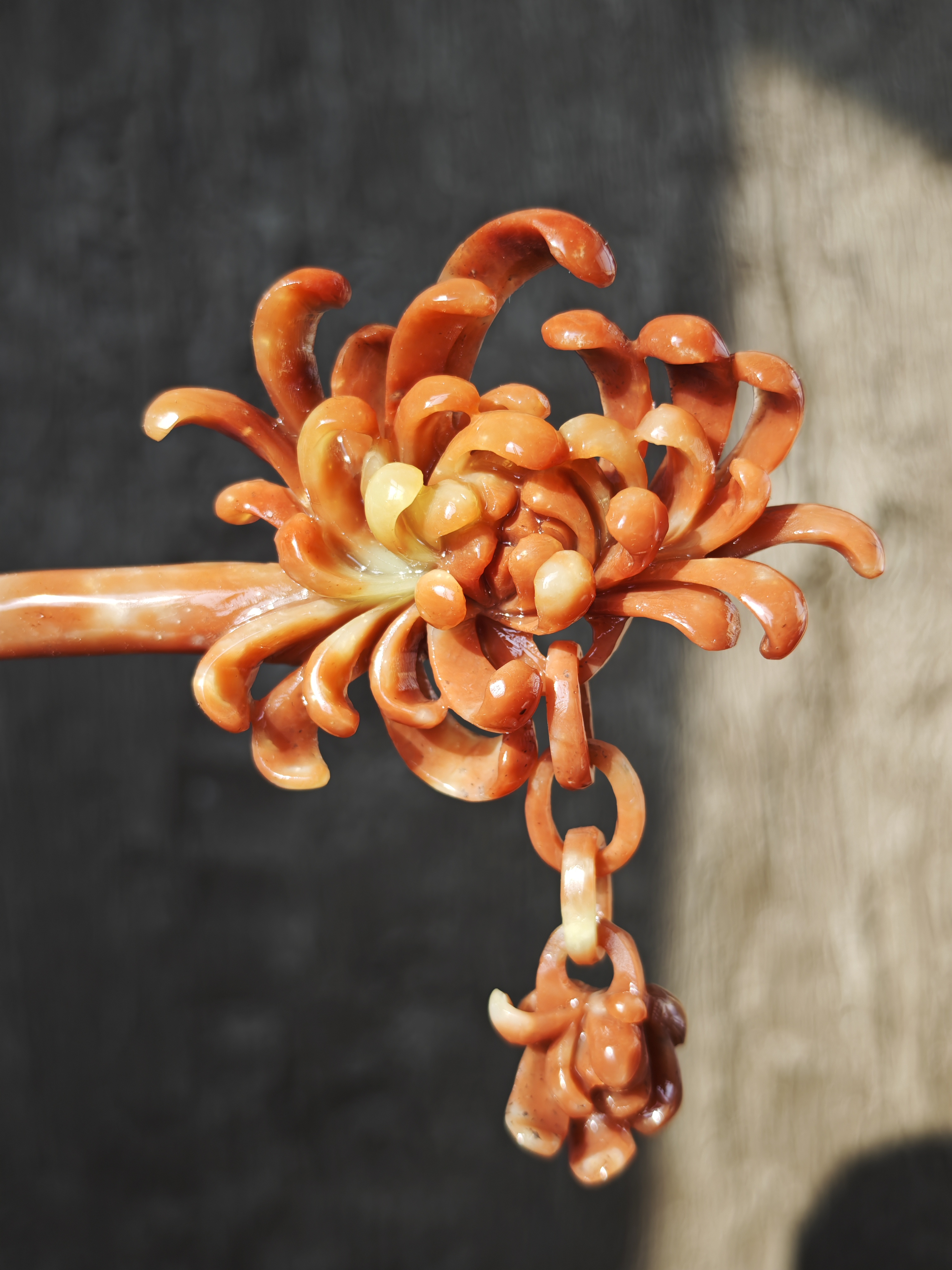 Crimson Chrysanthemum Jade Pin