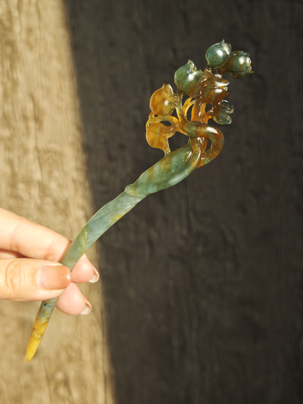 Emerald & Amber Bud Cluster Jade Hairpin