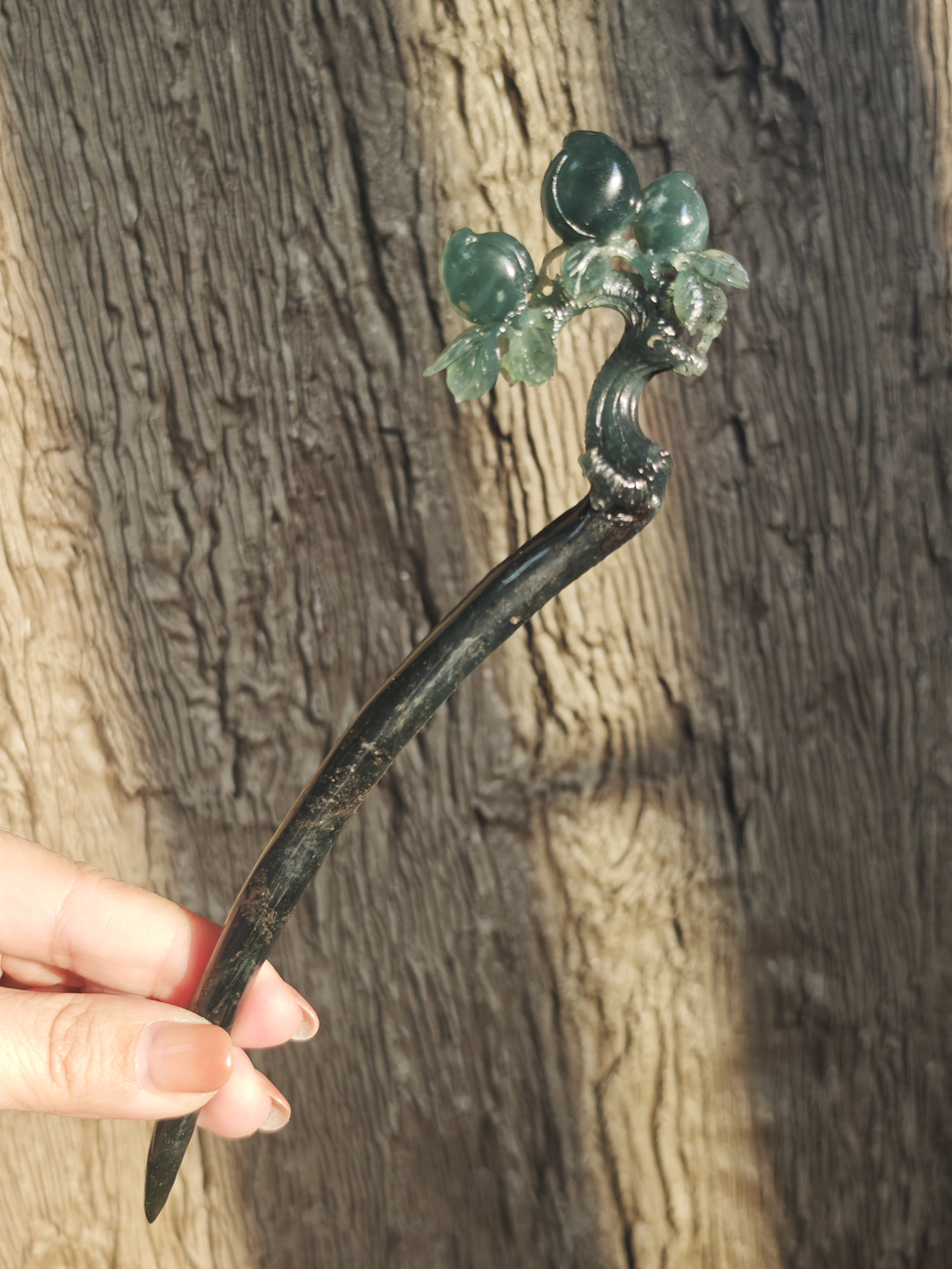 Jade Branch with Clustered Peaches Hairpin