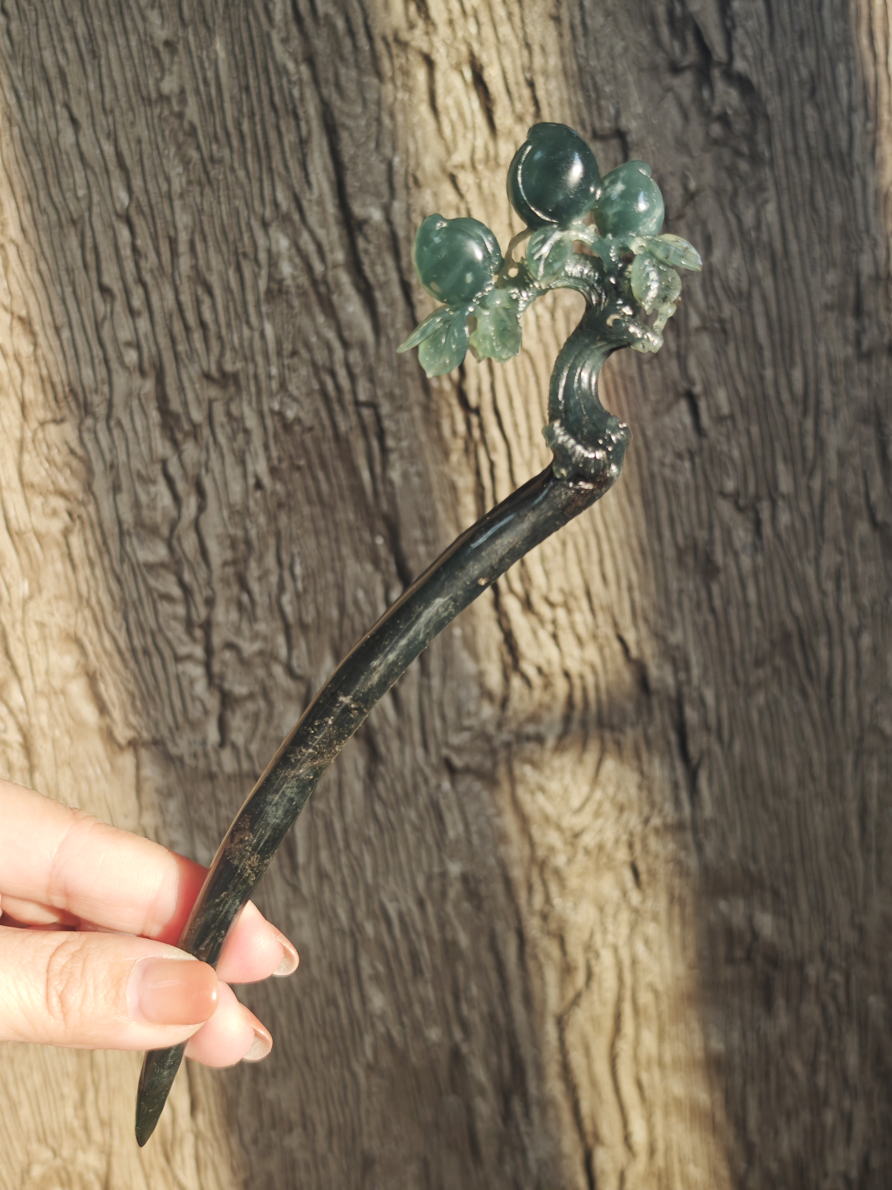Jade Branch with Clustered Peaches Hairpin