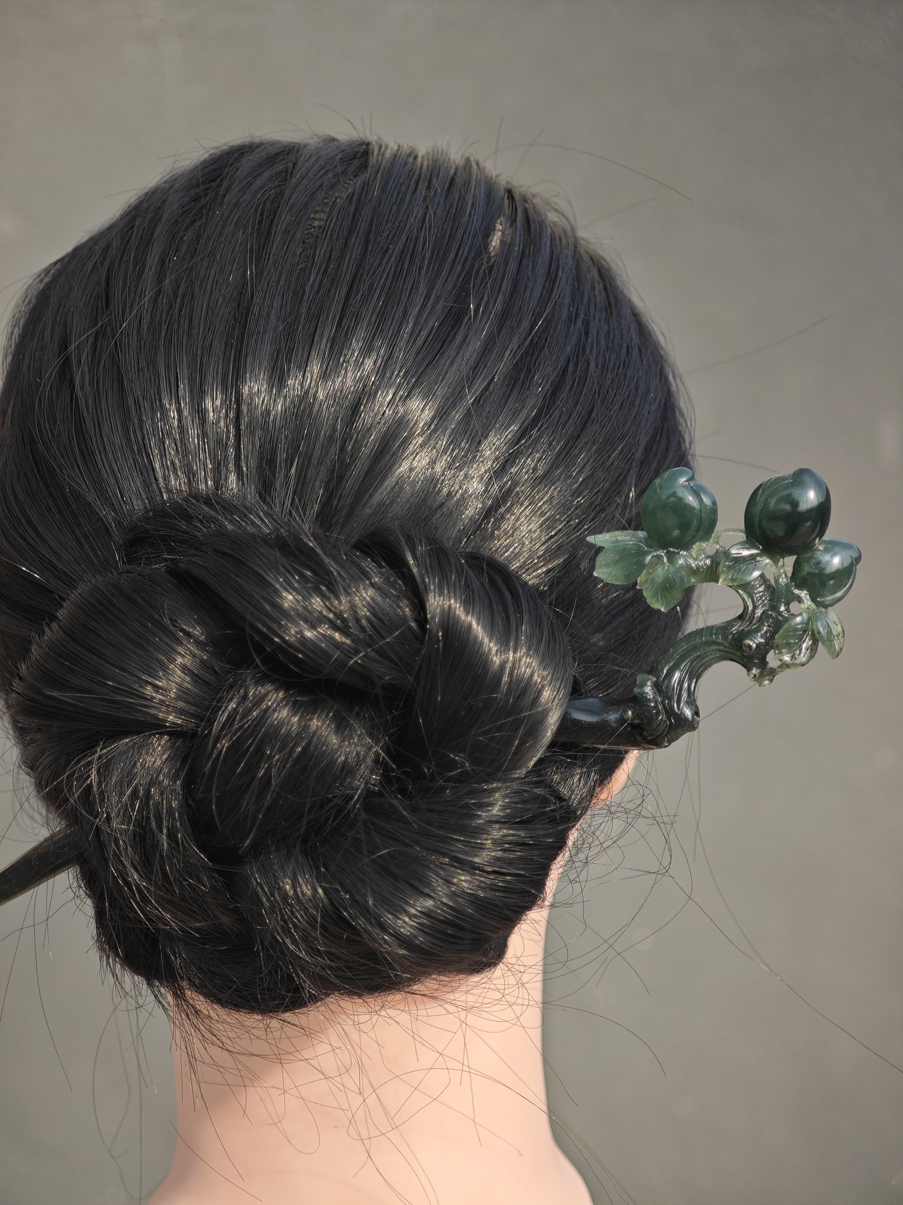 Jade Branch with Clustered Peaches Hairpin