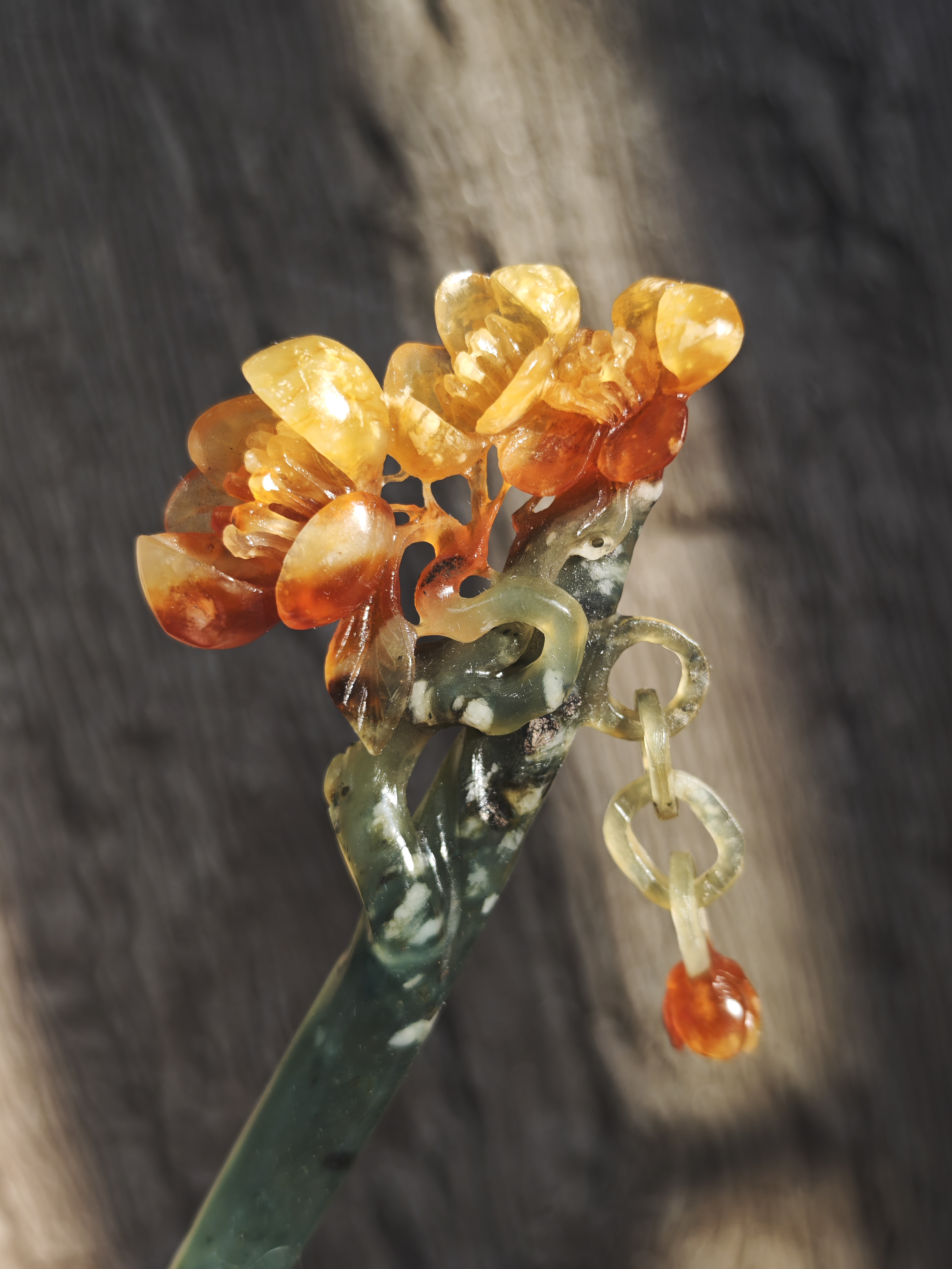 Crimson Blossom on Jade Branch Hairpin