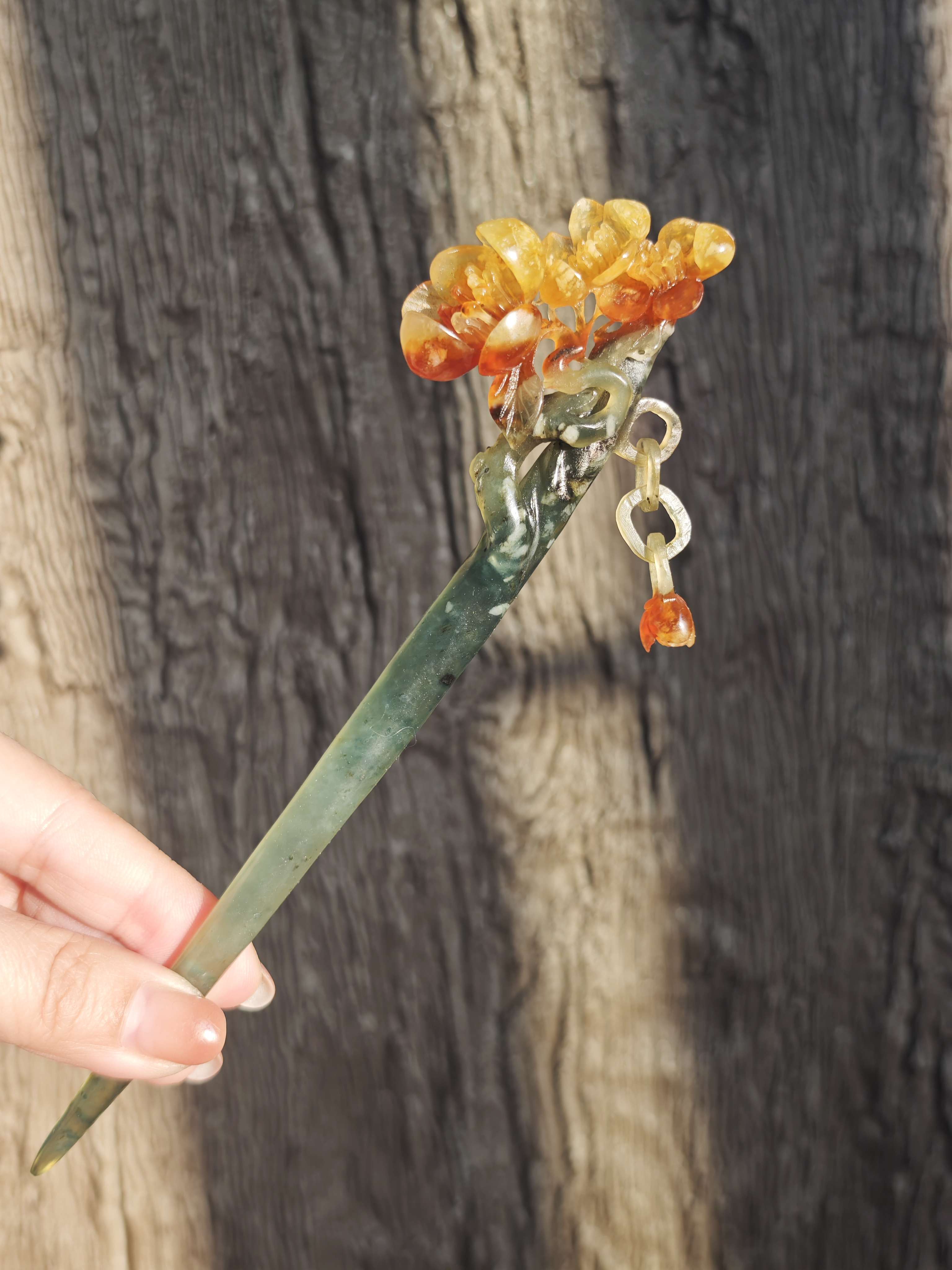Crimson Blossom on Jade Branch Hairpin