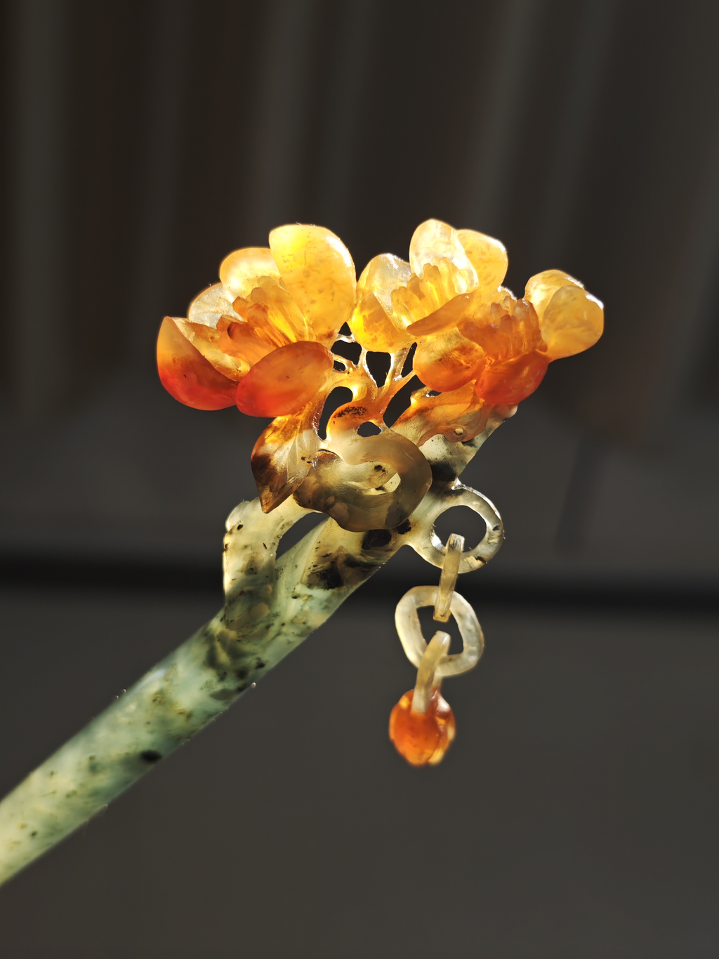 Crimson Blossom on Jade Branch Hairpin