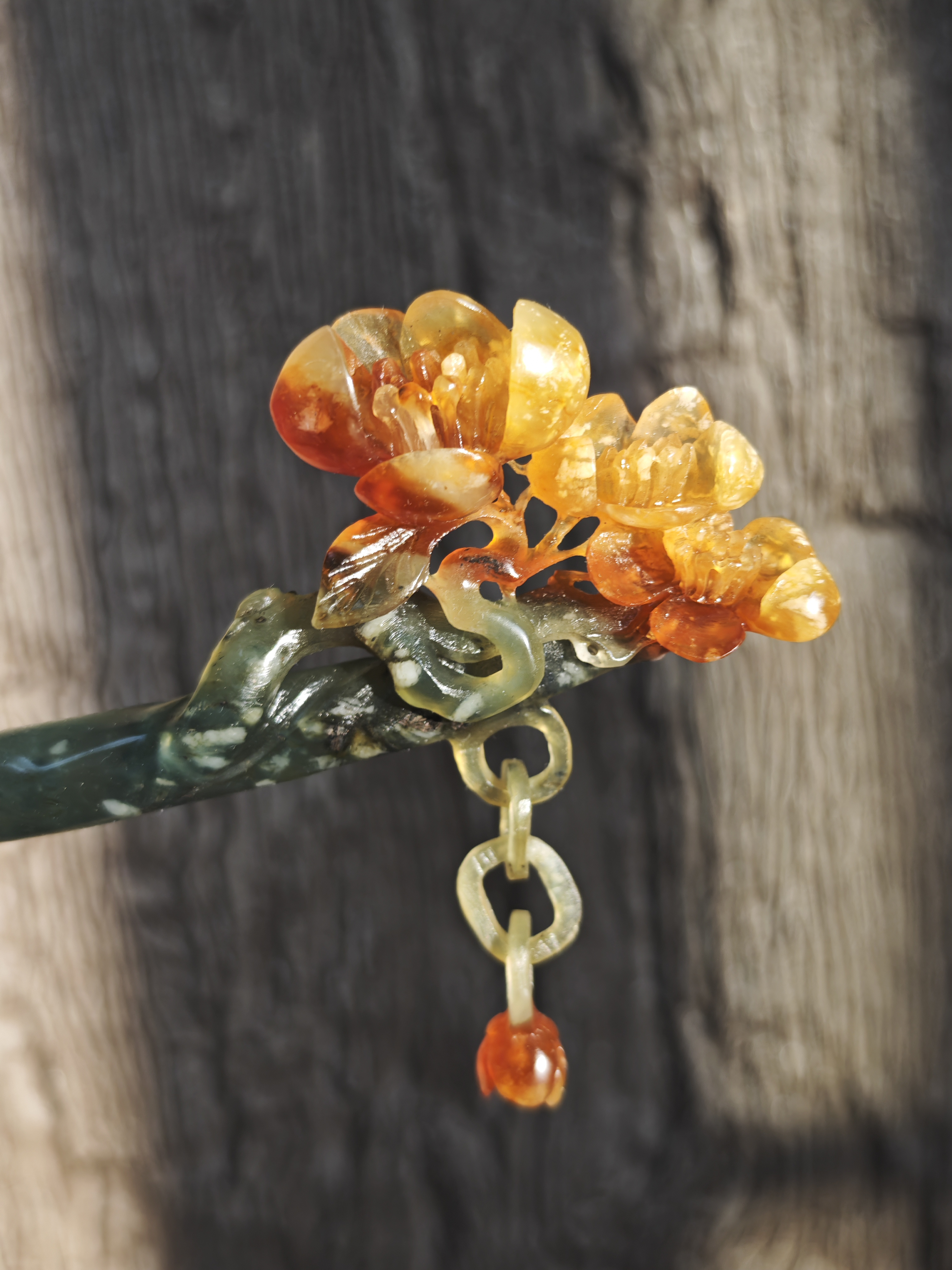 Crimson Blossom on Jade Branch Hairpin