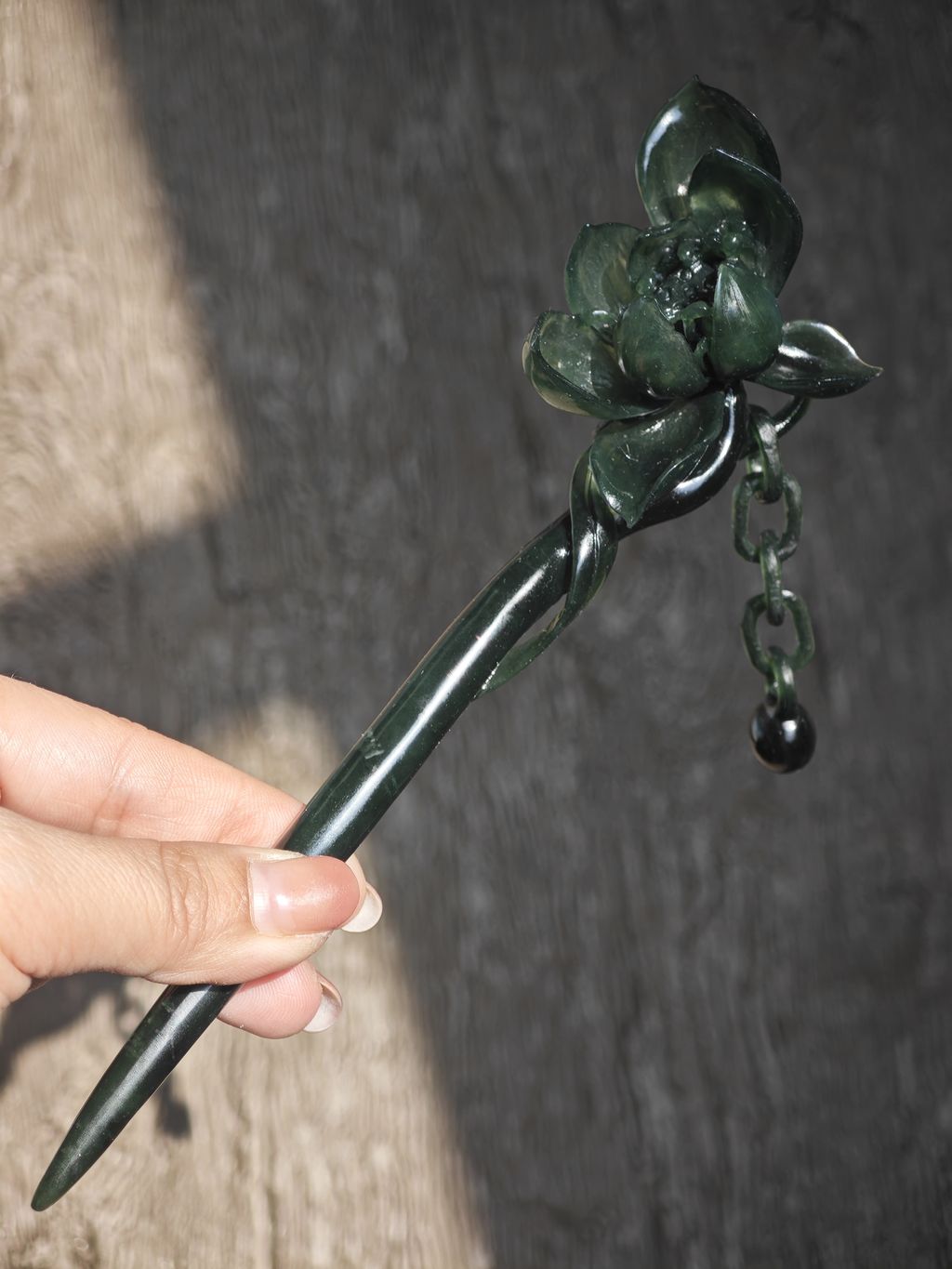 Deep Emerald Jade Lotus Hairpin