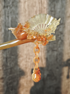 Golden Oriole Perched by Plum & Fan Jasper Hairpin