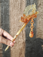 Golden Oriole Perched by Plum & Fan Jasper Hairpin