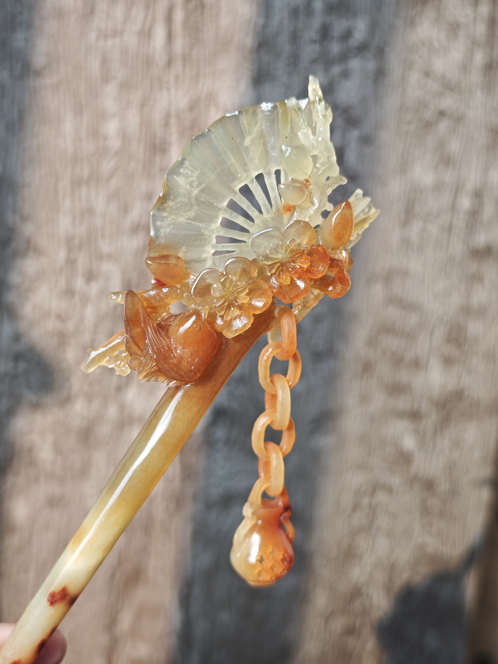 Golden Oriole Perched by Plum & Fan Jasper Hairpin