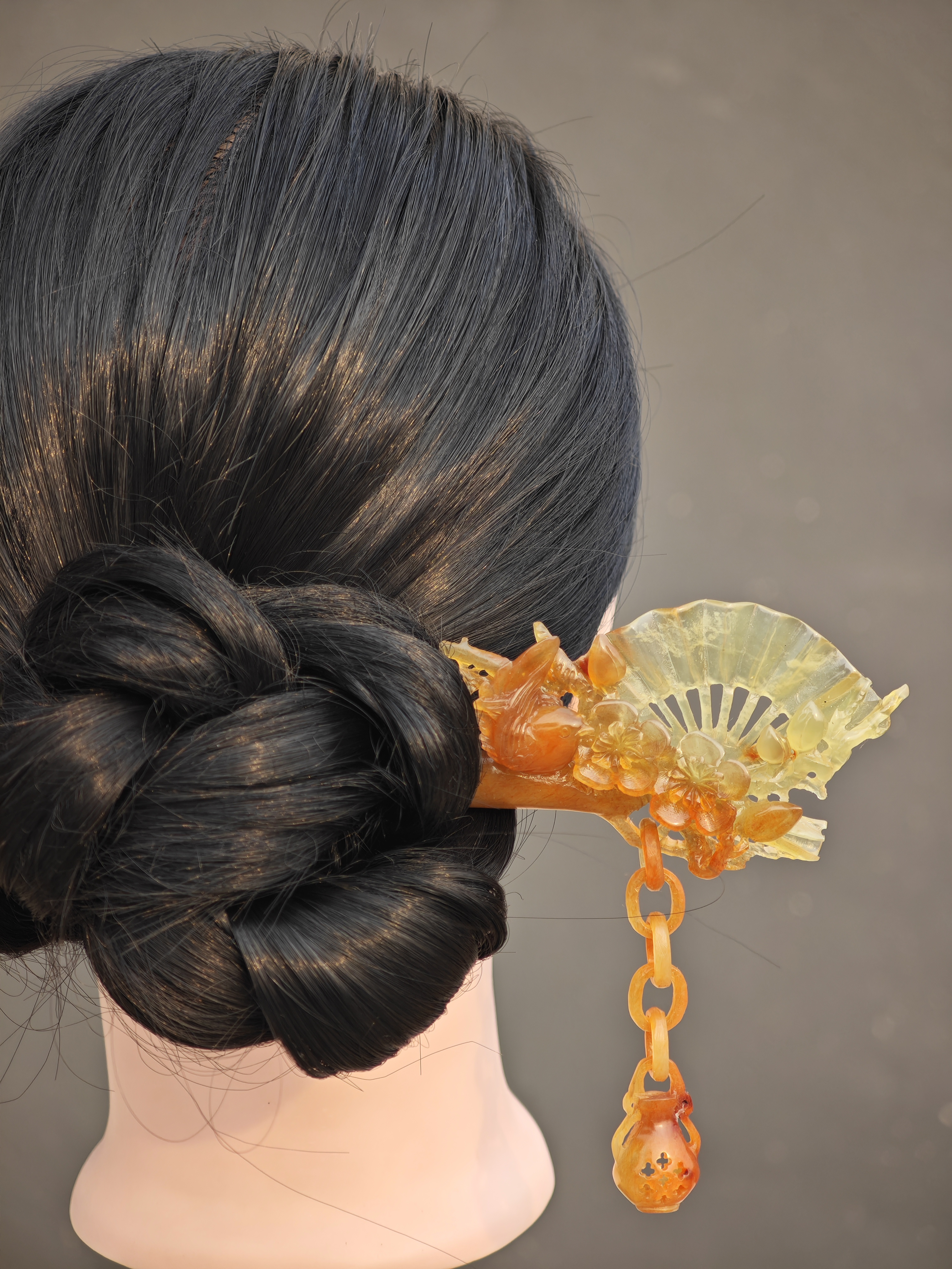 Golden Oriole Perched by Plum & Fan Jasper Hairpin