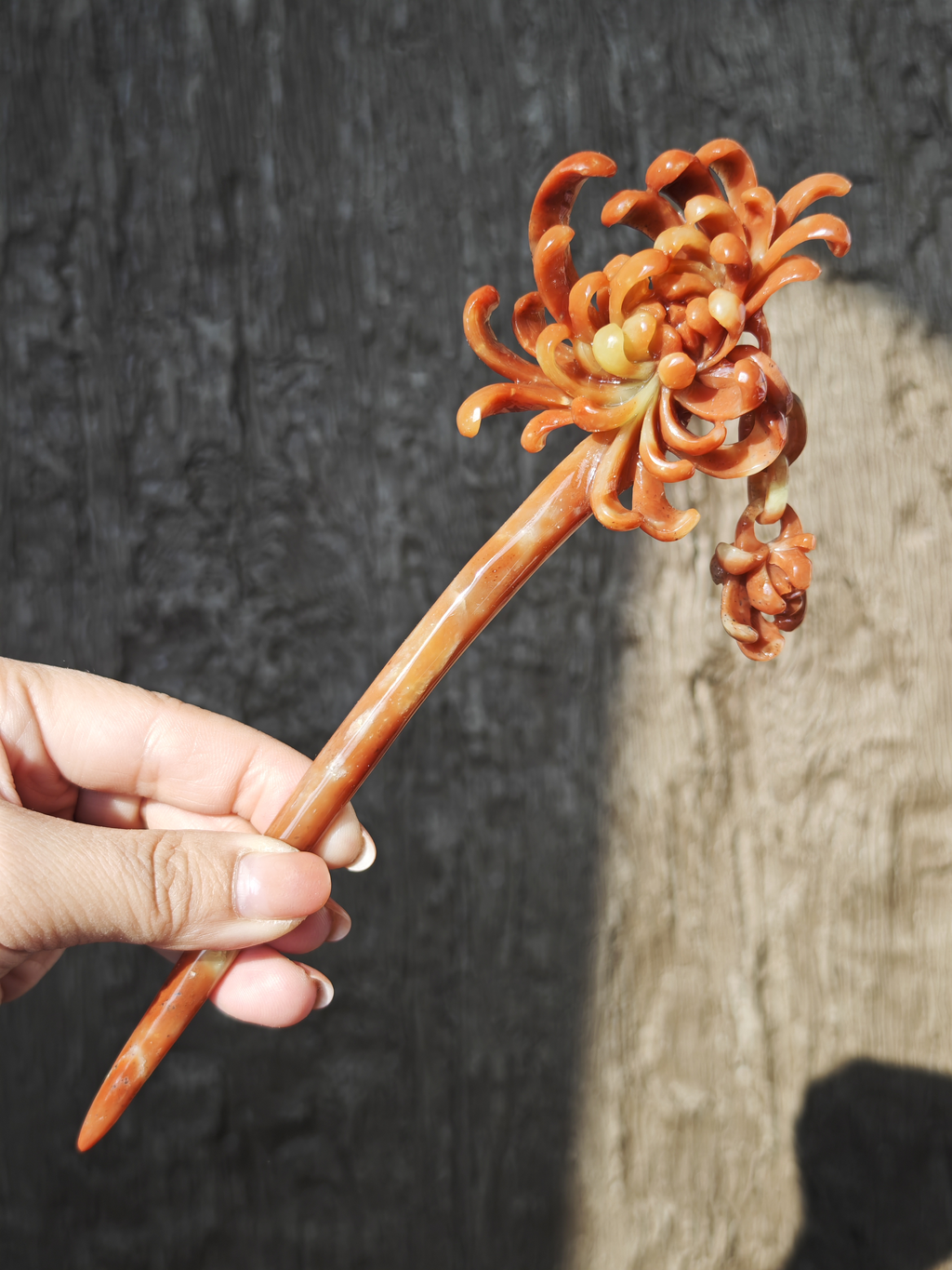 Crimson Chrysanthemum Jade Pin