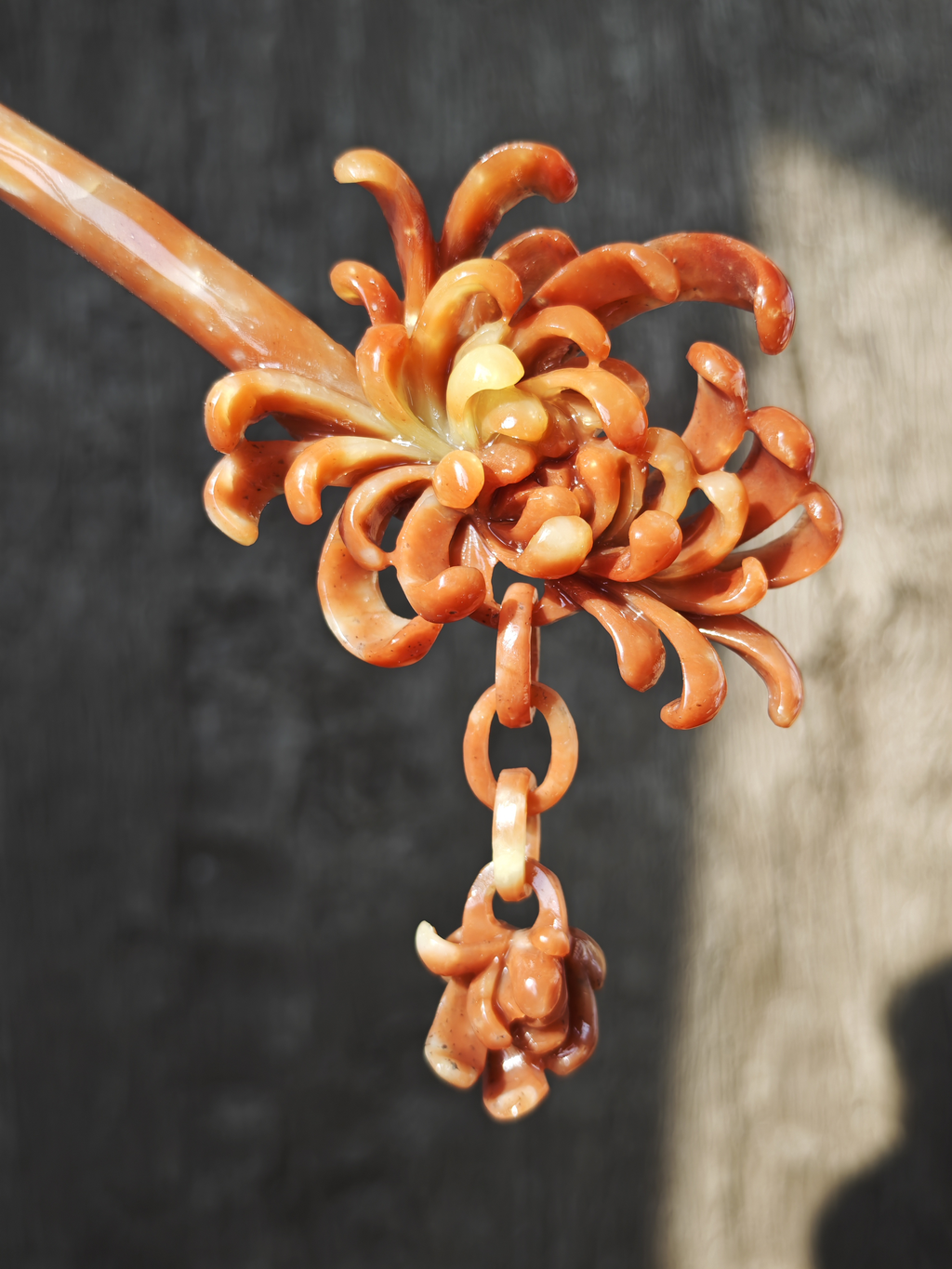 Crimson Chrysanthemum Jade Pin