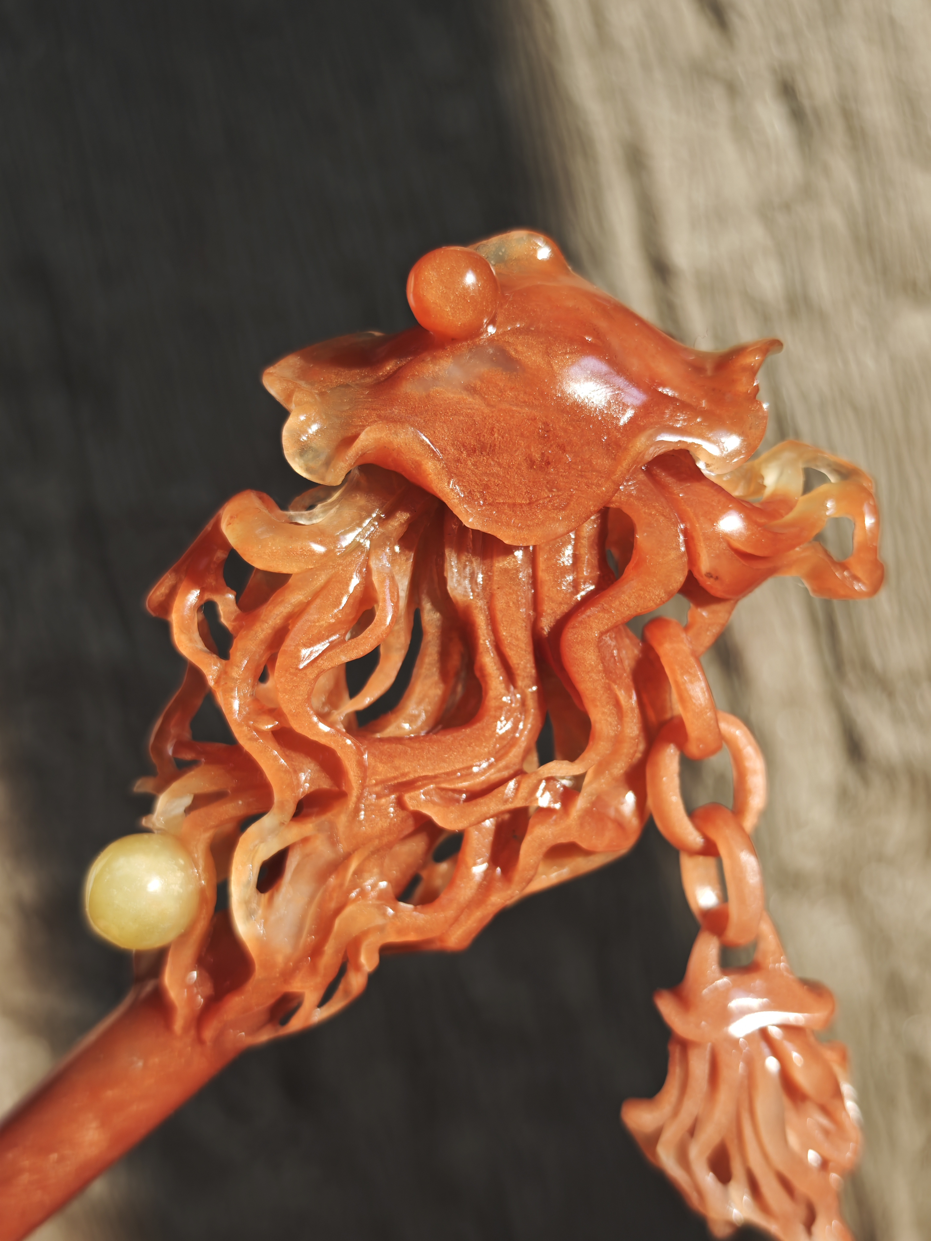 Crimson Ripple Jellyfish Jade Hairpin